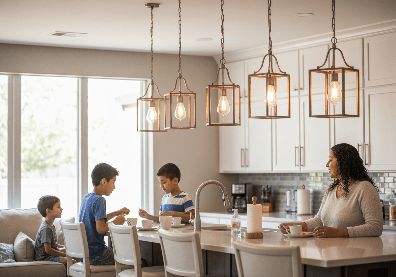 Mujer en cocina abierta con lámparas colgantes y niños desayunando